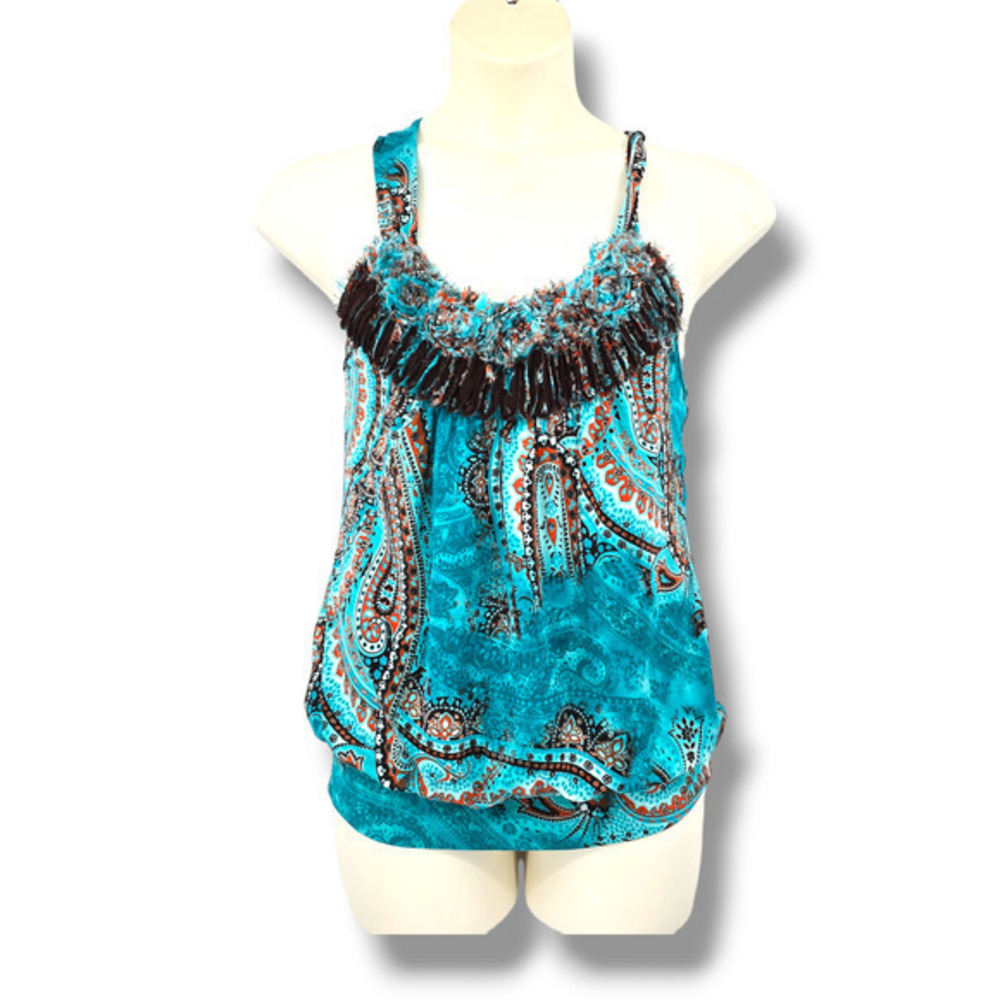 Soulmates Women's Boho Paisley Print Halter Neck‎ Tank Top Blue Turquoise Size L